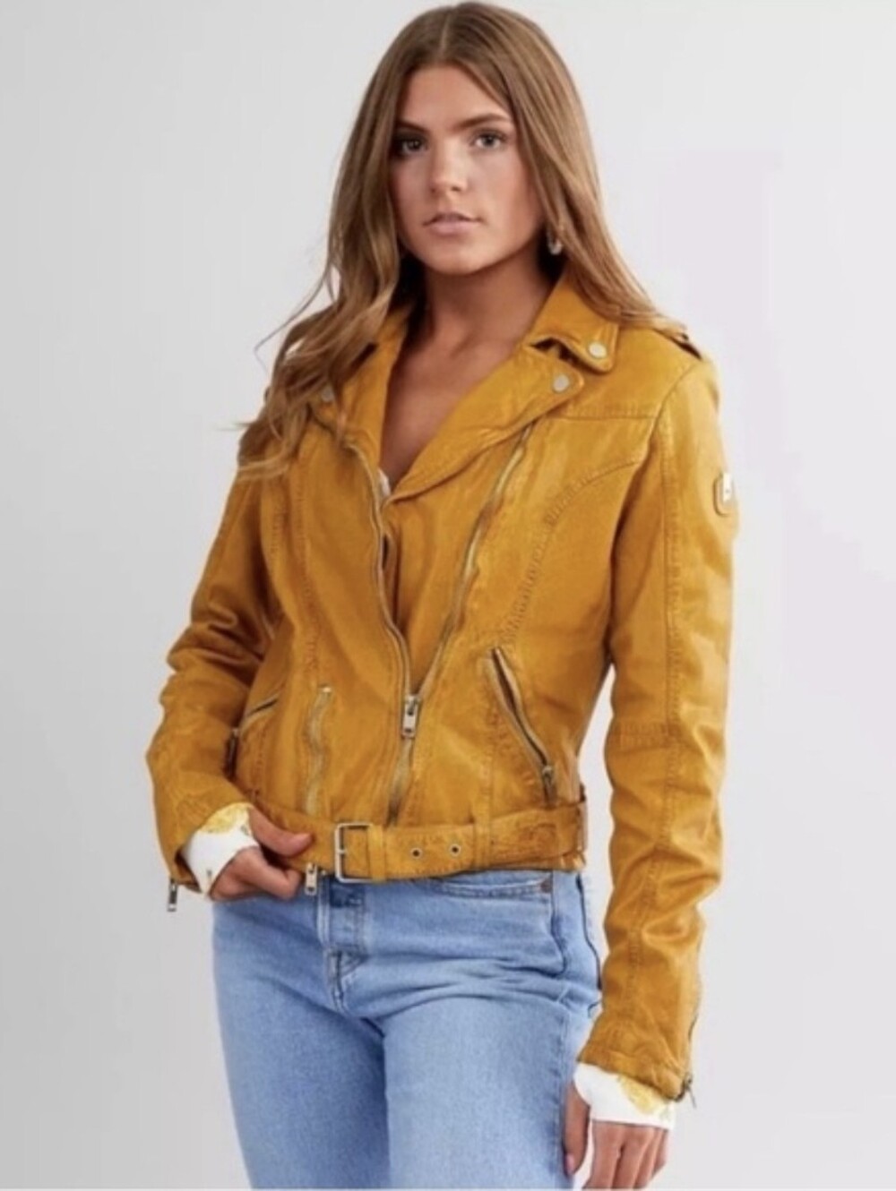 MAURITIUS Mustard Leather Moto Jacket – Women’s XS Cropped Biker Jacket